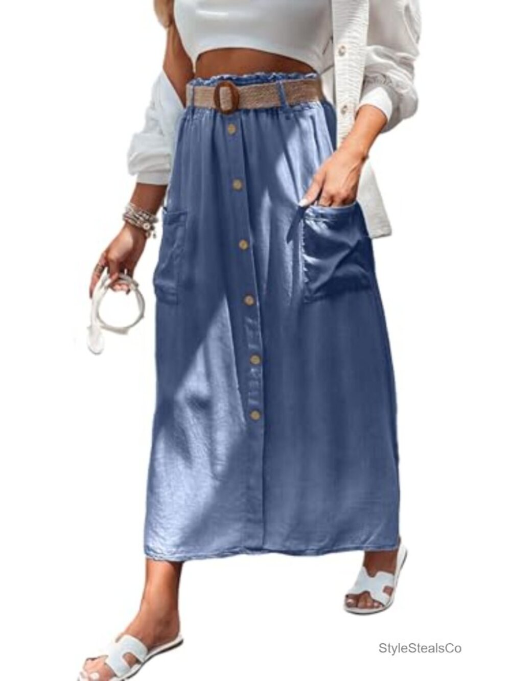 Tencel Denim Maxi Skirt Women High Waist A Line Ruffle Cargo Jean Skirt